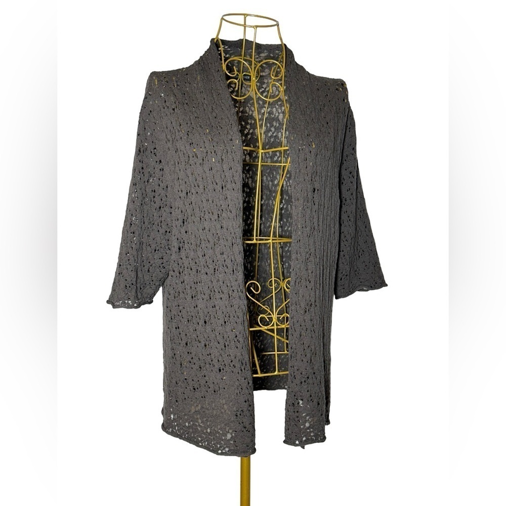 Eileen Fisher Wool Brown Crocheted Lightweight Open Cardigan w/ Elbow Sleeves XL